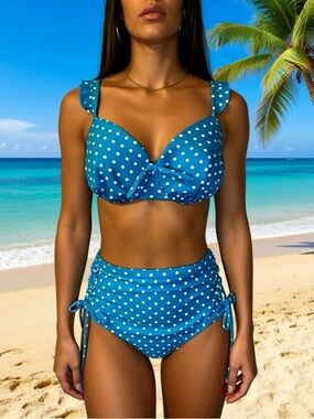 Blue Polka Dot High-Waist Bikini Set - Classic Retro Style
